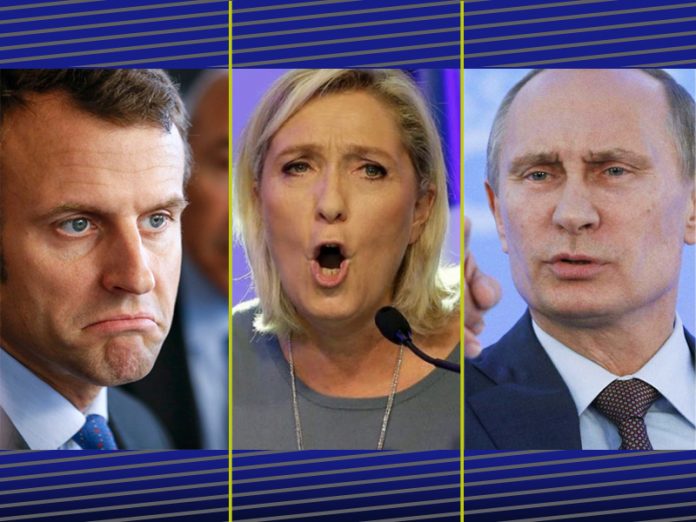 Kolaj_Macron_LePen_Putin Колаж на Макрон, Марин льо Пен и Путин